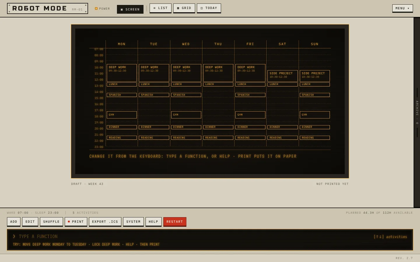 Robot Mode · Free automatic weekly schedule maker
